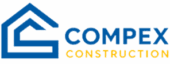 Logo Compex Construction avec pictogramme de maison bleu stylisé et texte bleu et jaune sur fond blanc.