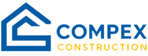 Logo Compex Construction avec pictogramme de maison bleu stylisé et texte bleu et jaune sur fond blanc.